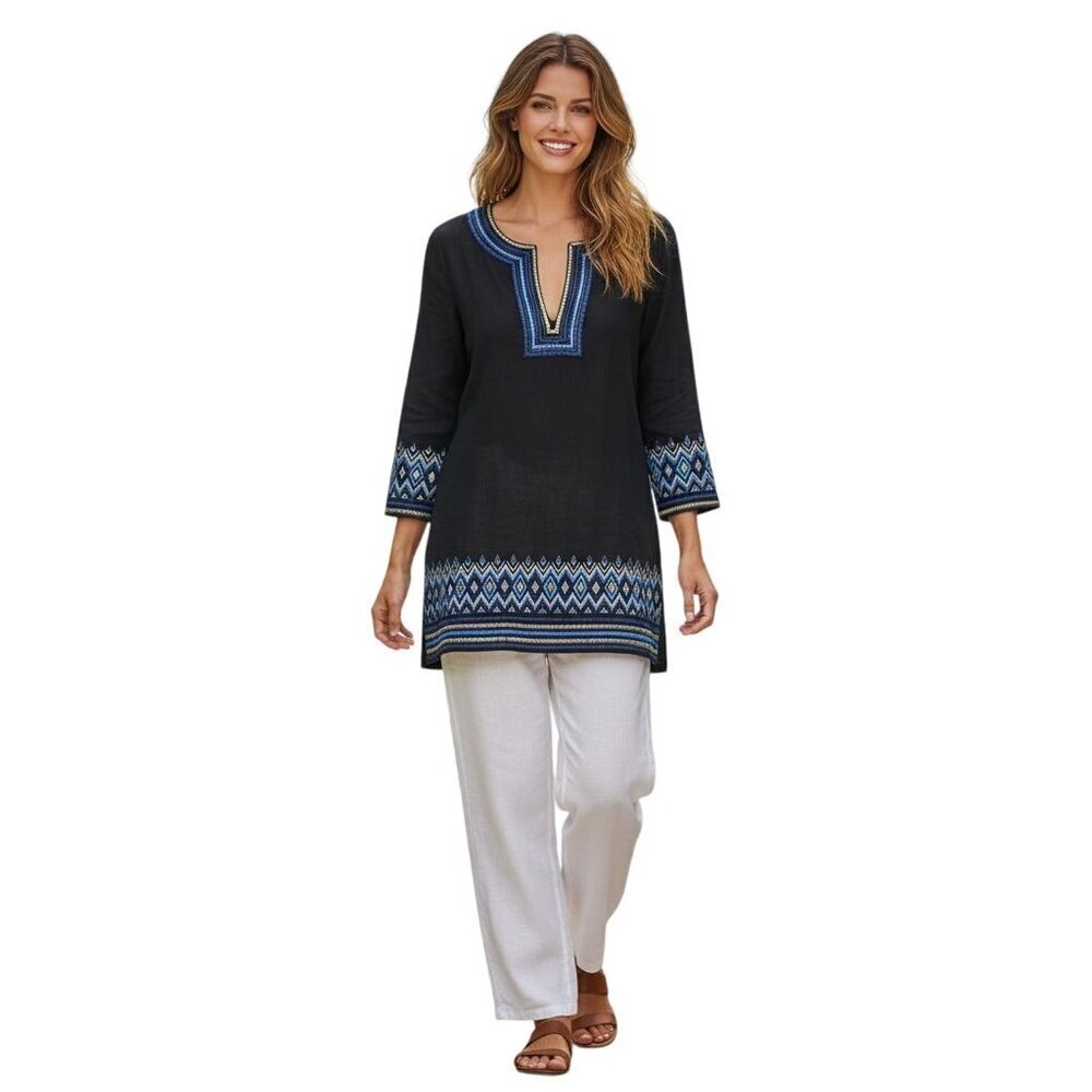 Calypso St. Barth Linen Embroidered V Neck Navy Tunic Top Size S